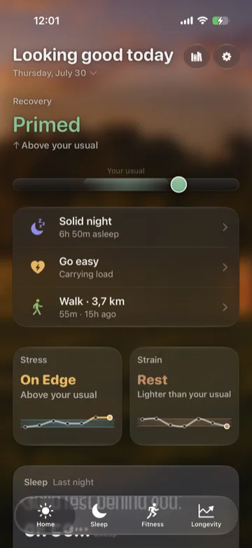 Aera's home screen showing a recovery read against the user's usual range