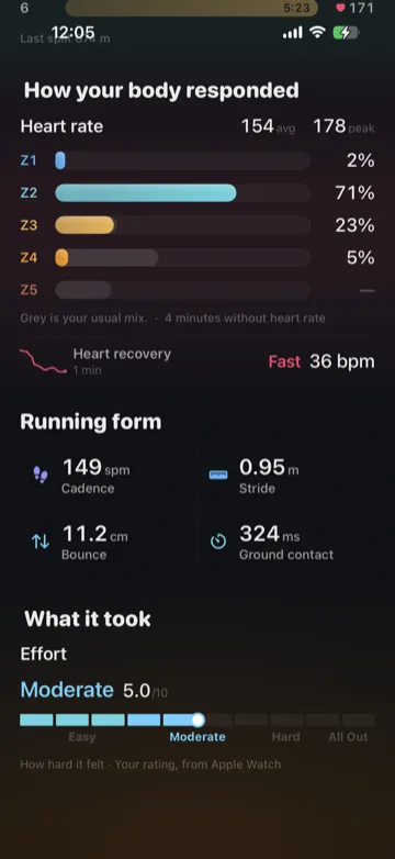 A workout broken down by heart rate zone with running form measures